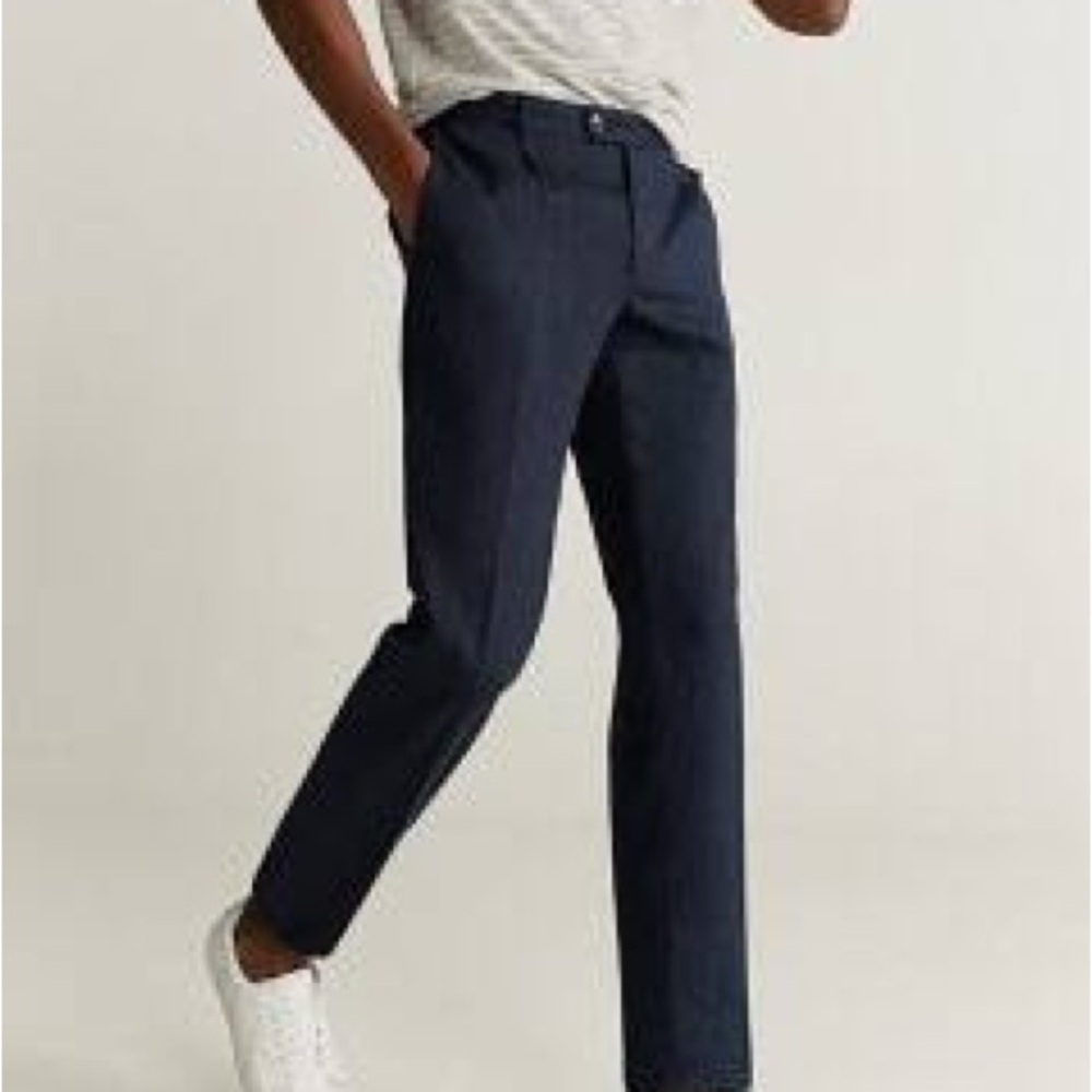 Mango Stylish Navy Blue Herringbone Trousers